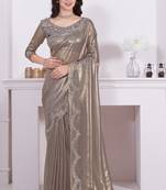 Women'S Golden Zarkan Diamond Border Net Coding Embroidered Saree Sari With Blouse Piece