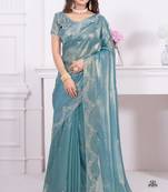 Women'S Teal Blue Zarkan Diamond Border Net Coding Embroidered Saree With Blouse Piece