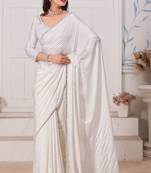 Women'S White Zarkan Diamond Border Satin Designer Saree Sari With Blouse Piece