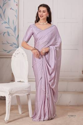Women'S Lavender Zarkan Diamond Border Satin Designer Saree Sari With Blouse Piece 1