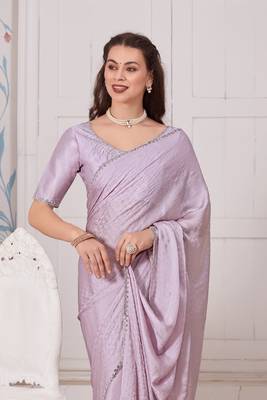 Women'S Lavender Zarkan Diamond Border Satin Designer Saree Sari With Blouse Piece 2