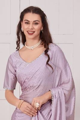 Women'S Lavender Zarkan Diamond Border Satin Designer Saree Sari With Blouse Piece 4