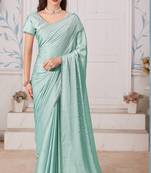 Women'S Turquoise Zarkan Diamond Border Satin Designer Saree Sari With Blouse Piece