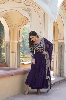 Women's purple faux georgette jacquard with sequins embroidered anarkali dress with dupatta 2