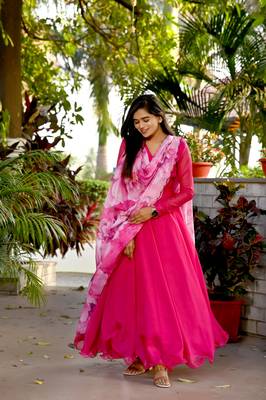 Women's rani pink tebby silk anarkali dress with dupatta 1