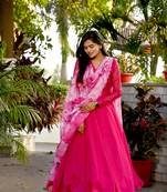 Women's rani pink tebby silk anarkali dress with dupatta