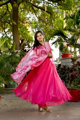 Women's rani pink tebby silk anarkali dress with dupatta 3