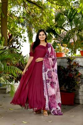 Women's maroon tebby silk anarkali dress with dupatta 1