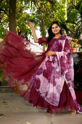 Women's maroon tebby silk anarkali dress with dupatta 3