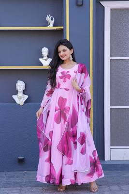 Women's pink tebby silk floral printed anarkali dress with dupatta 1