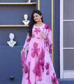 Women's pink tebby silk floral printed anarkali dress with dupatta