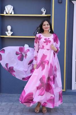 Women's pink tebby silk floral printed anarkali dress with dupatta 2
