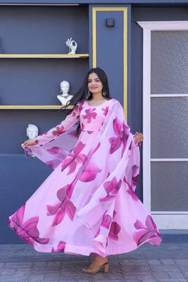 Women's pink tebby silk floral printed anarkali dress with dupatta 3