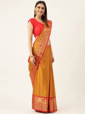 Orange Aura Cotton Silk Silk Blend Zari Work Saree With Blouse For Women 1