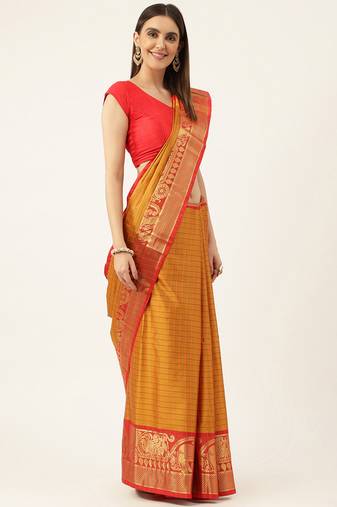 Orange Aura Cotton Silk Silk Blend Zari Work Saree With Blouse For Women