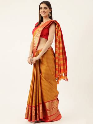 Orange Aura Cotton Silk Silk Blend Zari Work Saree With Blouse For Women 2