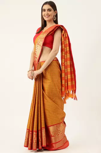 Orange Aura Cotton Silk Silk Blend Zari Work Saree With Blouse For Women