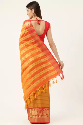 Orange Aura Cotton Silk Silk Blend Zari Work Saree With Blouse For Women