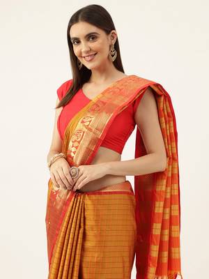 Orange Aura Cotton Silk Silk Blend Zari Work Saree With Blouse For Women 4