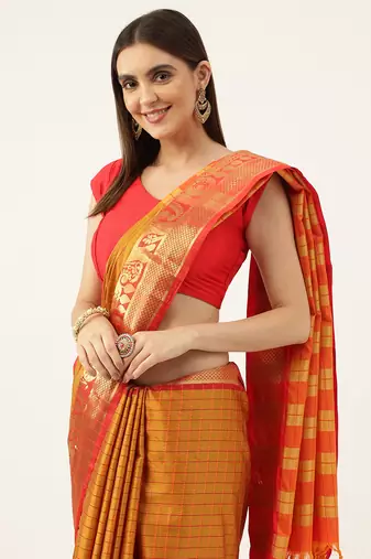 Orange Aura Cotton Silk Silk Blend Zari Work Saree With Blouse For Women