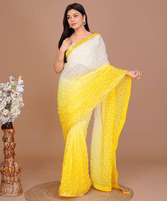 Lemon yellow Georgette Fabric Saree WITH UN-STITCHED BLOUSE 5