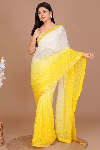 Lemon yellow Georgette Fabric Saree WITH UN-STITCHED BLOUSE