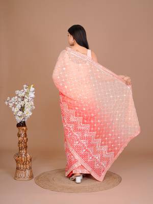 Peach Colour Georgette Fabric Heavy Work Saree WITH UN-STITCHED BLOUSE 6