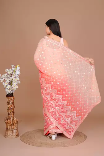 Peach Colour Georgette Fabric Heavy Work Saree WITH UN-STITCHED BLOUSE