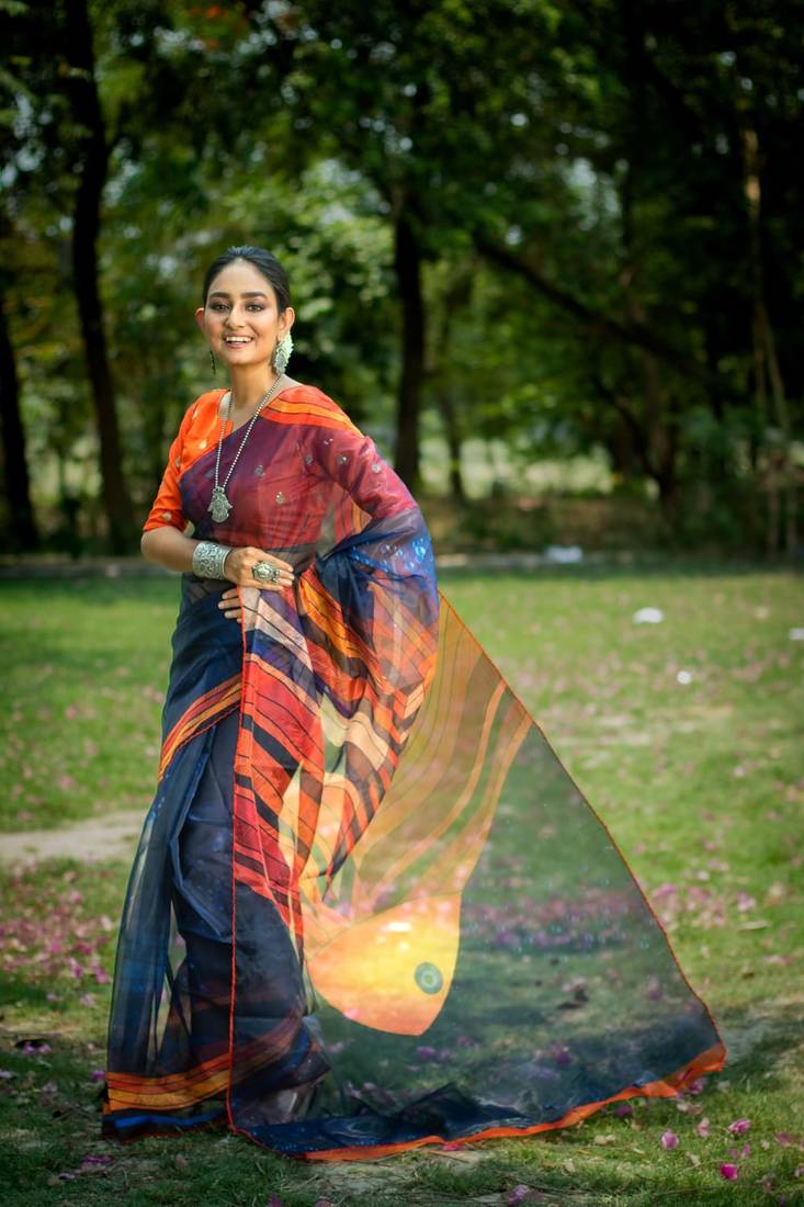 Women Wereb Orange & Blue Pure Soft Oranza Silk with stylish Print ...