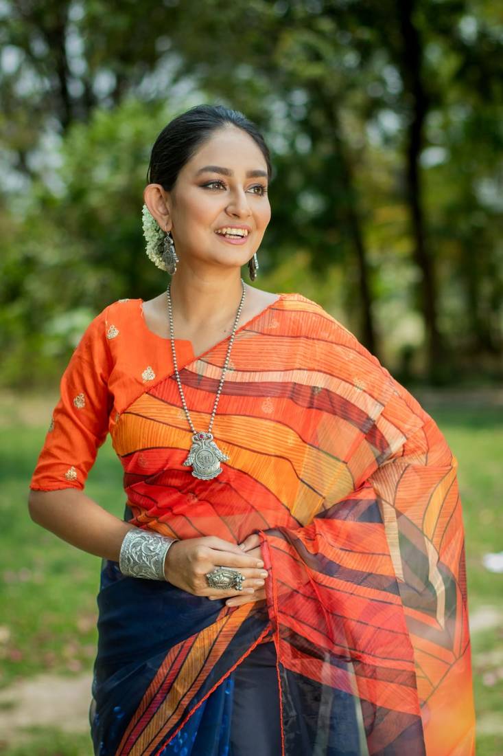 Women Wereb Orange & Blue Pure Soft Oranza Silk with stylish Print ...