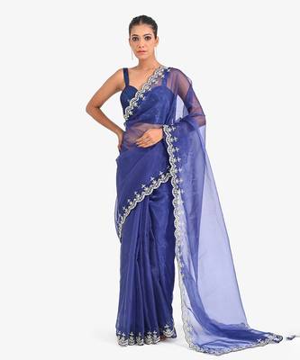Blue tissue embroidered saree 1