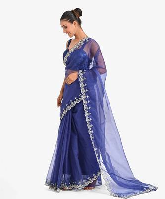 Blue tissue embroidered saree 2