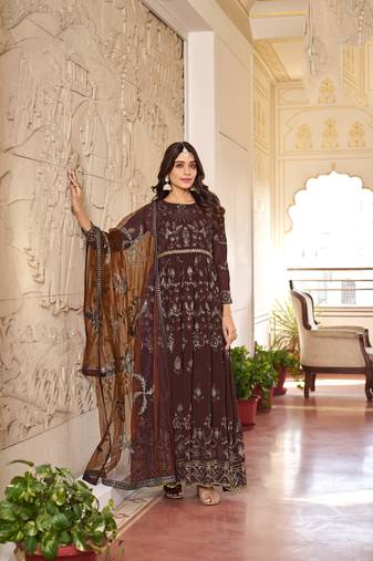 Coffee color embroideried faux georgette semi stitched anarkali gown