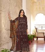 Coffee color embroideried faux georgette semi stitched anarkali gown