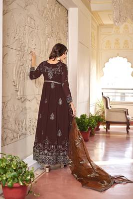Coffee embroidered faux georgette anarkali gown 2