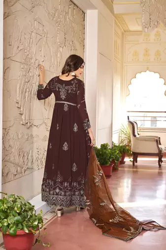 Coffee embroidered faux georgette anarkali gown