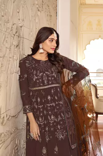 Coffee embroidered faux georgette anarkali gown