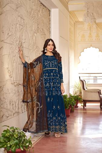 Morpich color embroideried faux georgette semi stitched anarkali gown