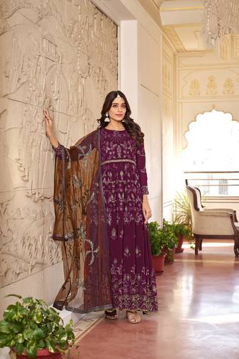 Wine color embroideried faux georgette semi stitched anarkali gown