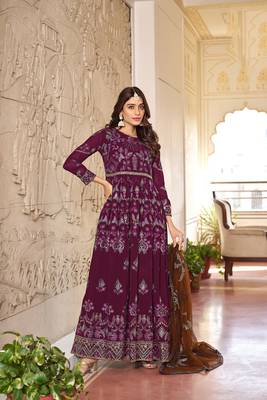 Wine embroidered faux georgette anarkali gown 2