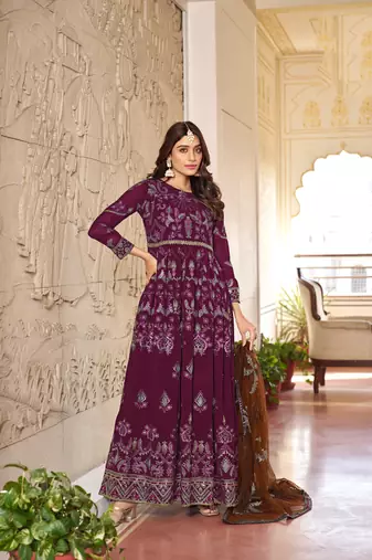 Wine embroidered faux georgette anarkali gown