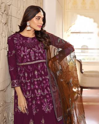 Wine embroidered faux georgette anarkali gown 3
