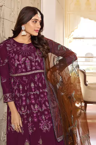 Wine embroidered faux georgette anarkali gown