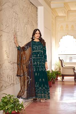 Green embroidered faux georgette anarkali gown 1