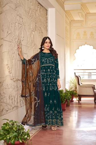 Green color embroideried faux georgette semi stitched anarkali gown