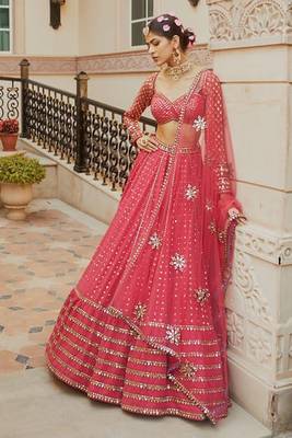 Light Red Sequins And Zari Embroidered Faux Georgette Lehenga Choli For Wedding 1