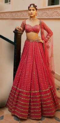 Light Red Sequins And Zari Embroidered Faux Georgette Lehenga Choli For Wedding 2