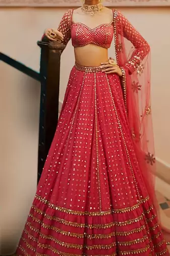 Light Red Sequins And Zari Embroidered Faux Georgette Lehenga Choli For Wedding