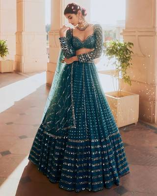 Teal Georgette Sequin Embroidered Lehenga Choli Set  1