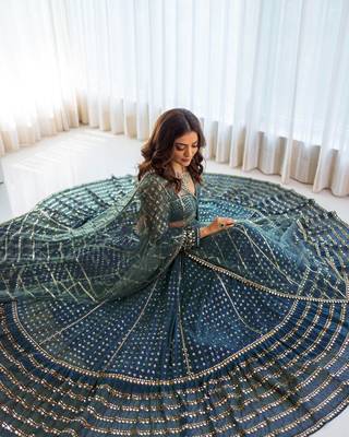 Teal Georgette Sequin Embroidered Lehenga Choli Set  2